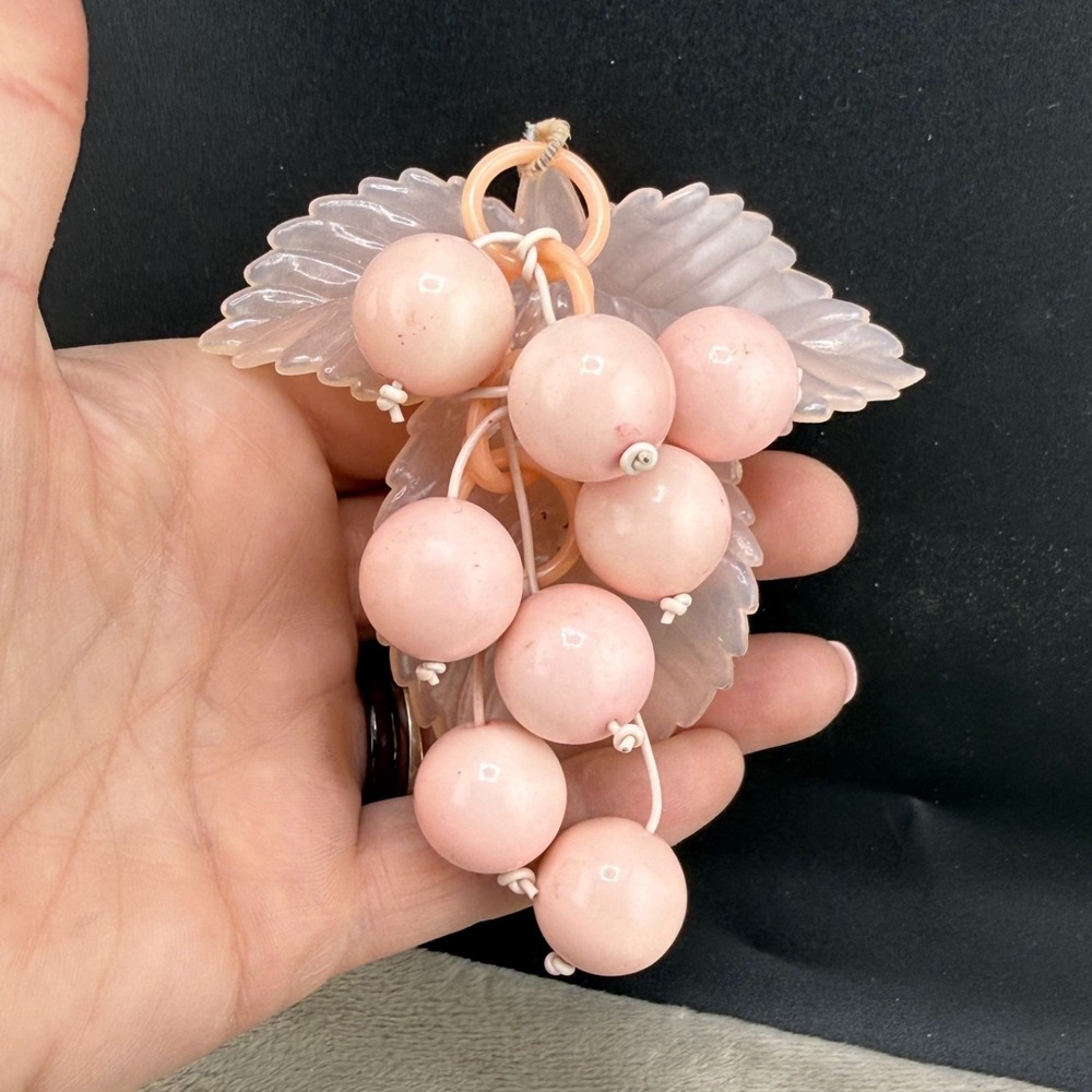 Vintage Estate Brooch Pink Carved Leaf Grape‎ Cluster Bead Statement 3.75in